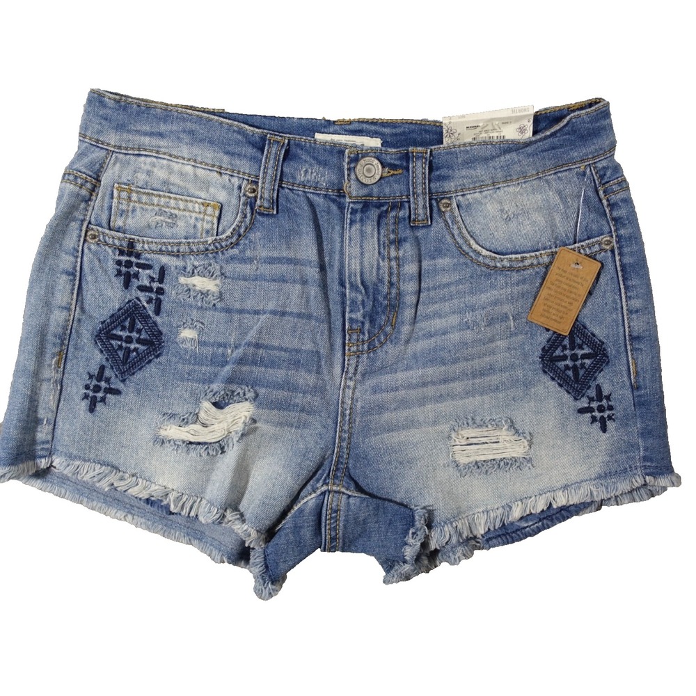 MUDD Jeans Shortie Shorts Juniors Size 7 High Rise Embroidered Frayed Distressed